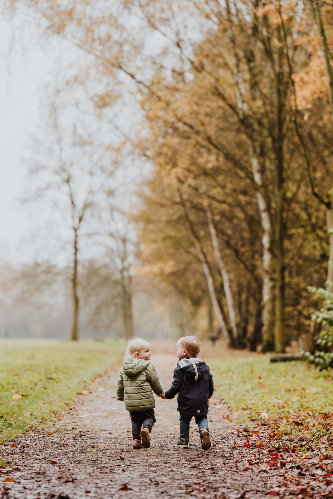 Zwei kleine Kinder gehen einen Waldweg entlang und halten Händchen.
