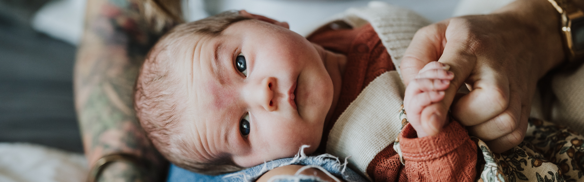 Neugeborenes Baby hält Papas Finger und schaut neugierig in die Kamera