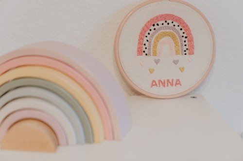 Ein Schild mit einem Regebogen.