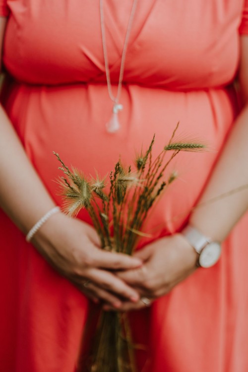 Eine schwangere Frau hält einen Gerstenbund in ihren Händen.