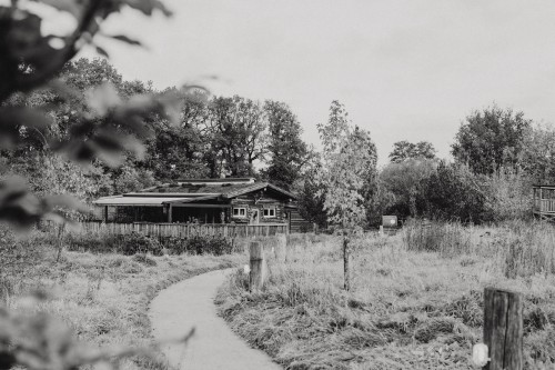Ein schwarz-weißes Bild von einer Holzhütte mitten im Feld.