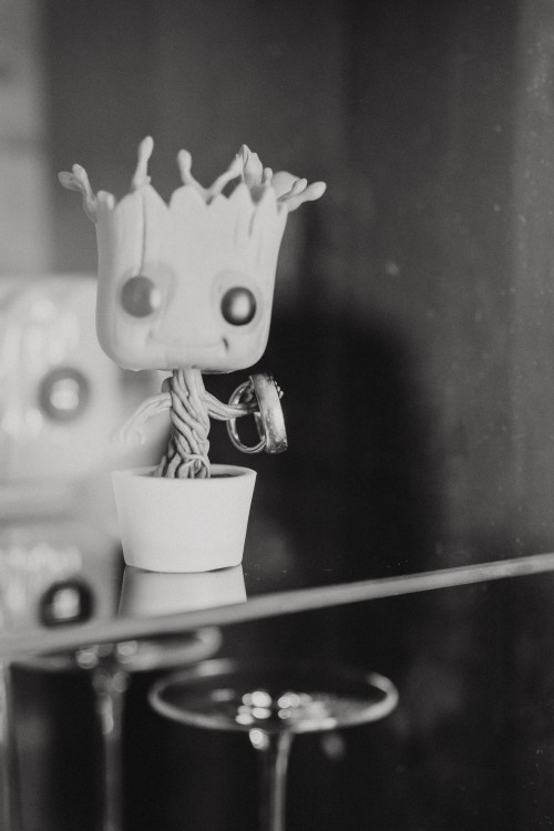 Ein schwarz-weißes Bild von einem Spielzeug und Eheringen.