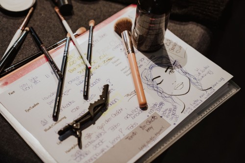 Eine Karte mit Notizen und Make up Accessories.