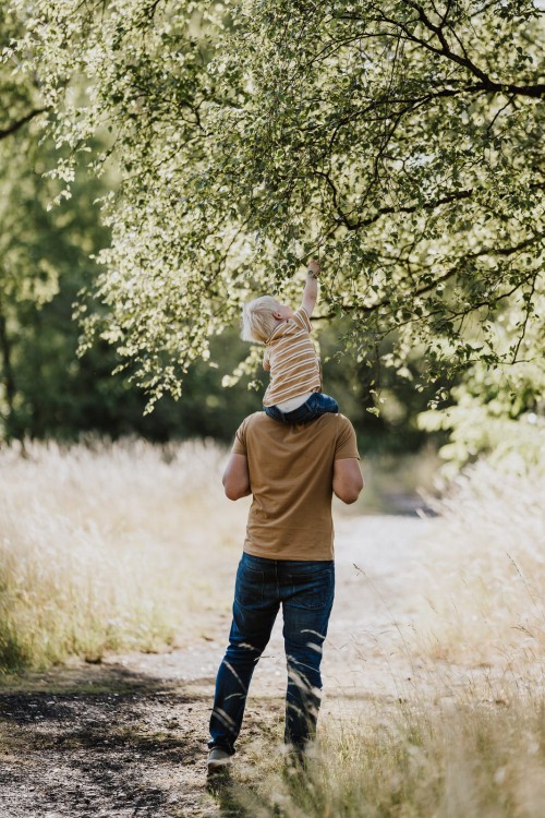 Ein Mann hält einen kleinen Jungen huckepack und das Kind reißt die Blätter vom Baum.