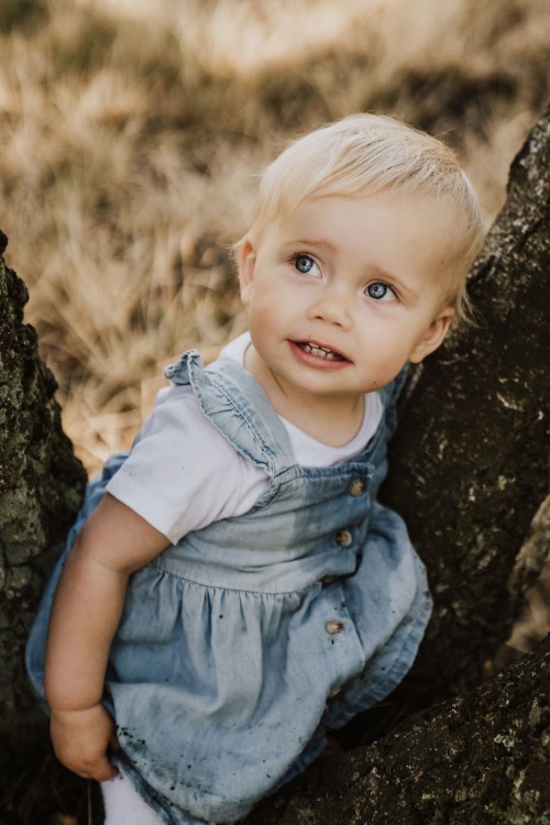 Ein kleines Mädchen sitzt auf einem Baumstamm.