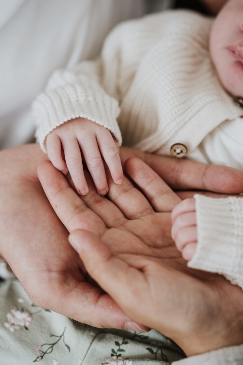 Die kleinen Babyhände liegen auf den großen Händen von den Eltern.