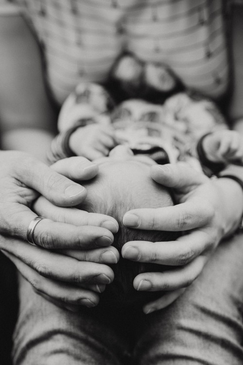 Die Eltern umarmen mit deren Händen das kleine Baby.